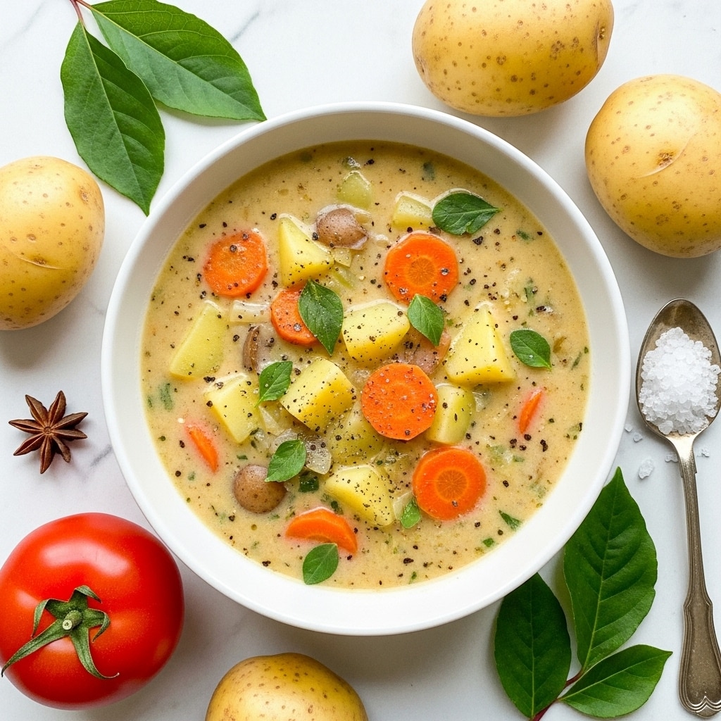 The image shows a white bowl filled with creamy white soup that has visible chunks of yellow potatoes and orange carrot slices floating throughout. The soup is sprinkled with small green herbs, black pepper, and some whole spices like seeds and berries, giving texture and color on the surface. Around the bowl on a white marbled surface are whole yellow potatoes, a red tomato, some green herbs, and star anise pieces scattered casually, adding to the fresh and natural look of the dish. photo taken with an iphone --ar 4:5 --v 7