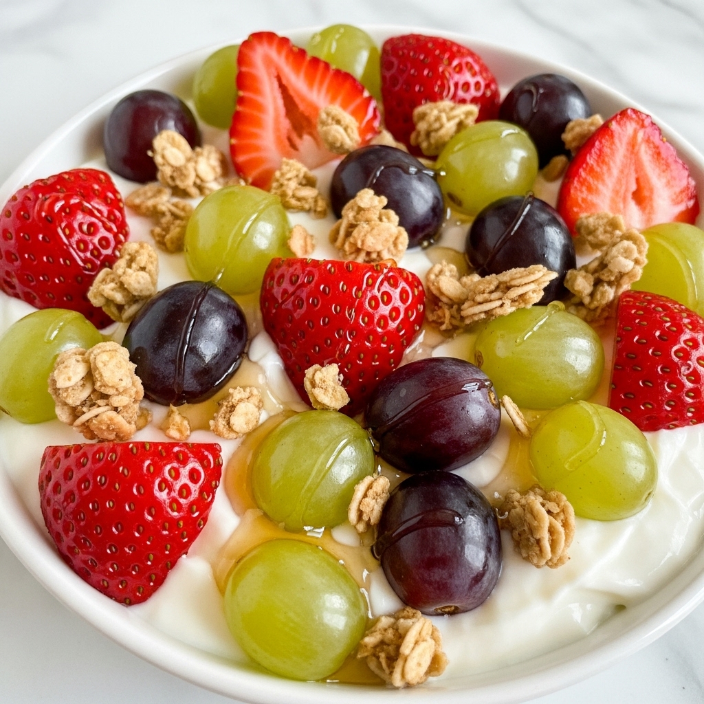 A close-up view of a white bowl filled with a colorful fruit and yogurt parfait. The bottom layer is creamy white yogurt topped with small chunks of crunchy granola. On top, there is a mix of fresh fruits: green grapes, red grapes, and sliced strawberries scattered evenly. The fruits are glossy and fresh, with the strawberries showing their red and white inner texture. Drizzled lightly over the top is a golden caramel or honey sauce that adds shine and contrast. The background is a white marbled texture, and the photo taken with an iphone --ar 4:5 --v 7