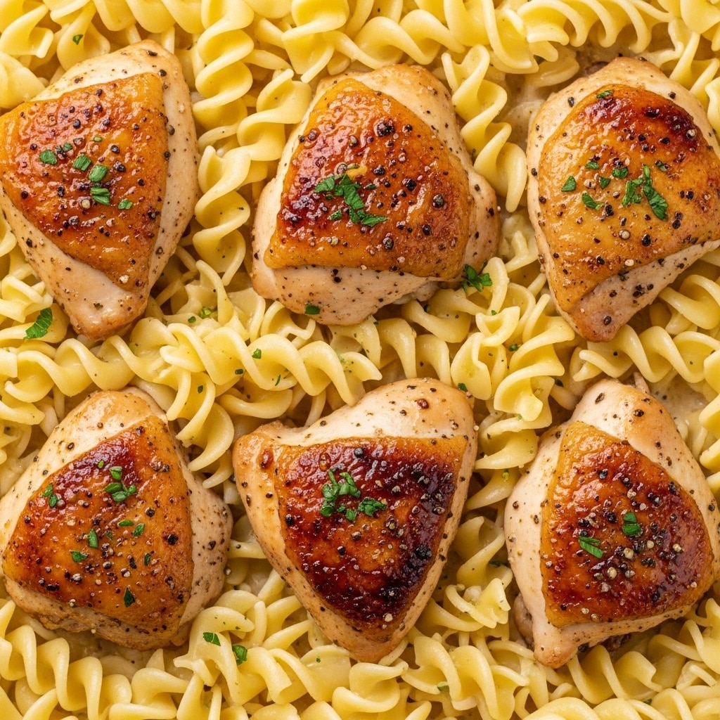 The image shows a close-up of a dish with several pieces of golden-brown roasted chicken on top of a bed of buttered egg noodles. The chicken pieces are caramelized with a slight crispy skin, each sprinkled with small green parsley flakes and freshly cracked black pepper. The noodles underneath are wide, curly, and creamy yellow in color, shiny from buttery sauce, with a soft texture spread evenly across the white marbled surface. The chicken sits directly in the center of the noodles, making a layered look of tender meat over smooth pasta. Photo taken with an iphone --ar 4:5 --v 7