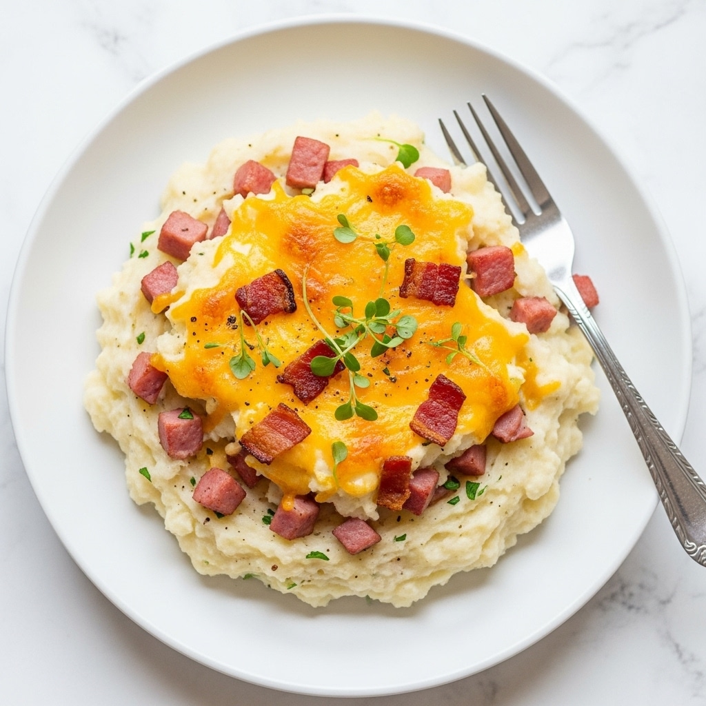 A white plate holds a creamy mashed potato base with a rough, soft texture and white color at the bottom. Mixed into this layer are small chunks of pink ham and some light brown crispy bacon bits. On top, there is a melted golden-yellow cheese layer that looks bubbly and slightly browned in some spots. Small green herb sprigs are scattered on top adding a fresh touch. A silver fork rests on the edge of the plate, and the plate sits on a white marbled texture. Photo taken with an iphone --ar 4:5 --v 7
