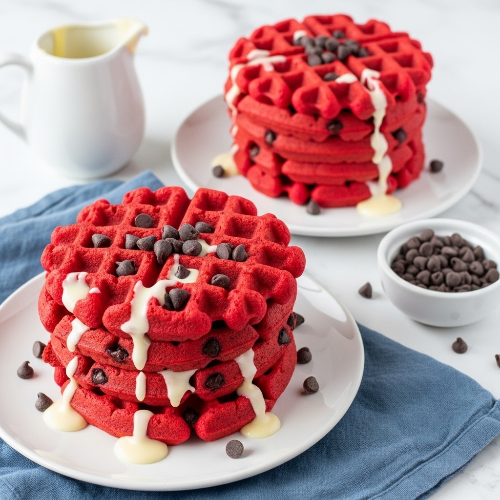 A stack of three bright red waffles sits on a white plate placed on a white marbled surface with a blue cloth nearby. The waffles are drizzled with white creamy sauce that pools slightly around the base and spreads unevenly across the top. Small dark chocolate chips are sprinkled over the waffles, with some resting in the waffle pockets and some on the surface. In the background, there is a white jug with white creamy sauce and a white bowl filled with more chocolate chips. Another plate holding a similar red waffle stack is partially visible behind. The scene is bright and clean. photo taken with an iphone --ar 4:5 --v 7