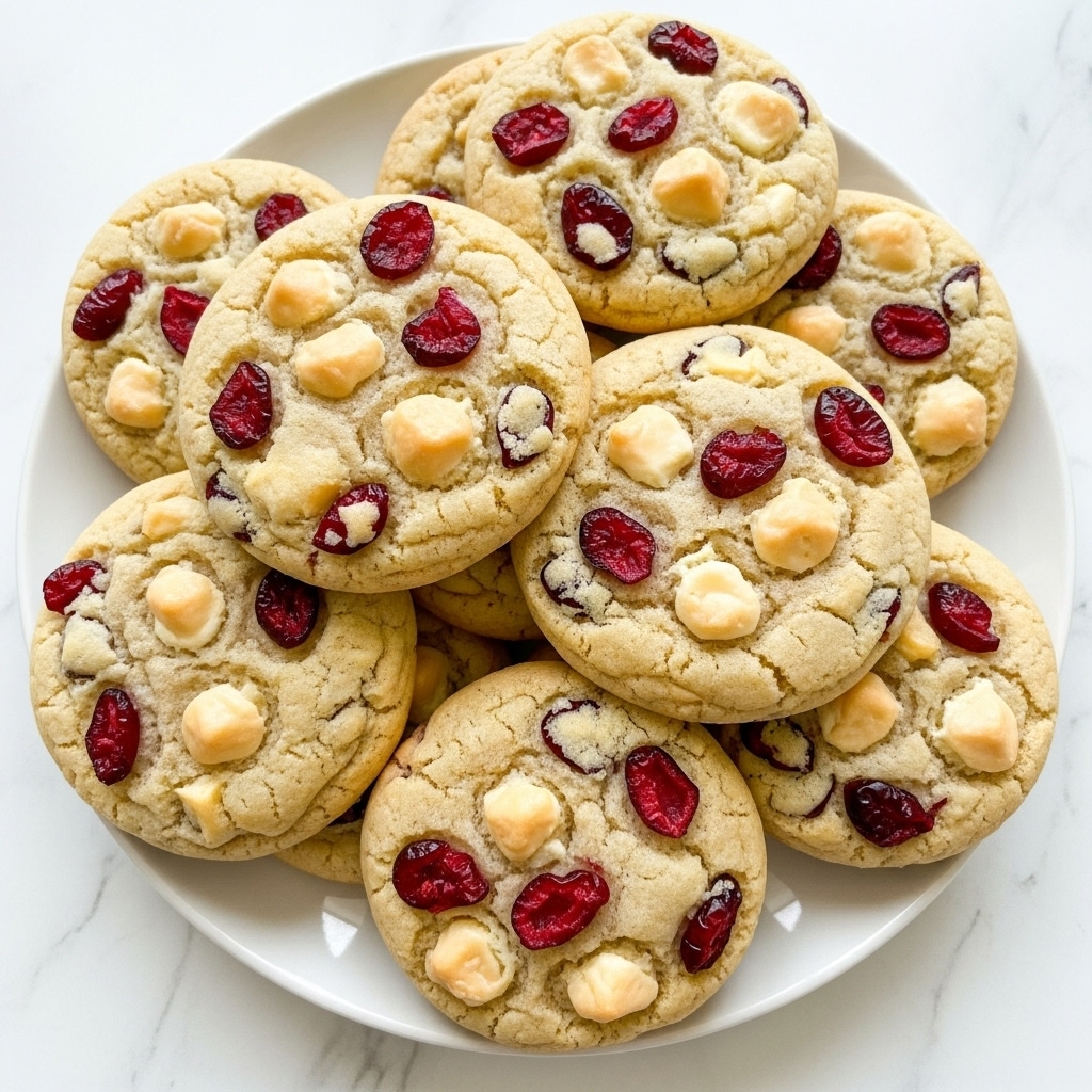 A pile of round cookies with a light golden color and soft texture is shown, each cookie dotted with bright red pieces of cranberries and creamy white chocolate chunks mixed inside. The cookies are stacked inside a white plate with a smooth rim, placed on a white marbled surface. Some cookies slightly overlap each other, showing varied shapes but mostly flat tops with visible fruit and chocolate pieces embedded in the dough. The overall look is warm, fresh, and inviting. photo taken with an iphone --ar 4:5 --v 7