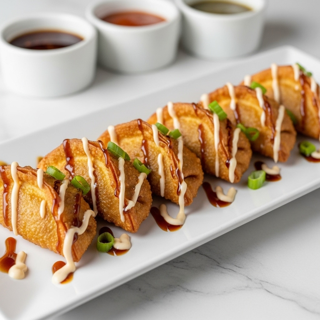 A white rectangular plate holds six golden brown, crispy fried tacos arranged in a row. Each taco is generously drizzled with two sauces: a light cream-colored sauce and a darker brown sauce, both applied in parallel lines over the top and pooling slightly on the plate. The tacos are topped with small pieces of white cheese and bright green chopped scallions. In the background, three small white bowls contain different sauces, slightly blurred. The scene is set on a white marbled surface. photo taken with an iphone --ar 4:5 --v 7