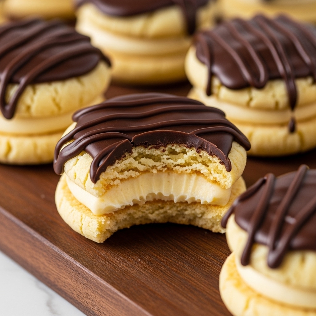 A close-up of small round cookies, each with three layers: the bottom and main layer is a soft, pale yellow dough with a cracked texture, the middle layer is a smooth, glossy light yellow creamy filling seen through a bitten cookie in front, and the top layer is dark, shiny chocolate drizzled thickly with a smooth texture, slightly dripping over the edges. The cookies are placed on a dark wooden board, with a white marbled surface faintly visible underneath around the edges. The focus is on the cookie with the bite taken out, showing the creamy filling inside. photo taken with an iphone --ar 4:5 --v 7