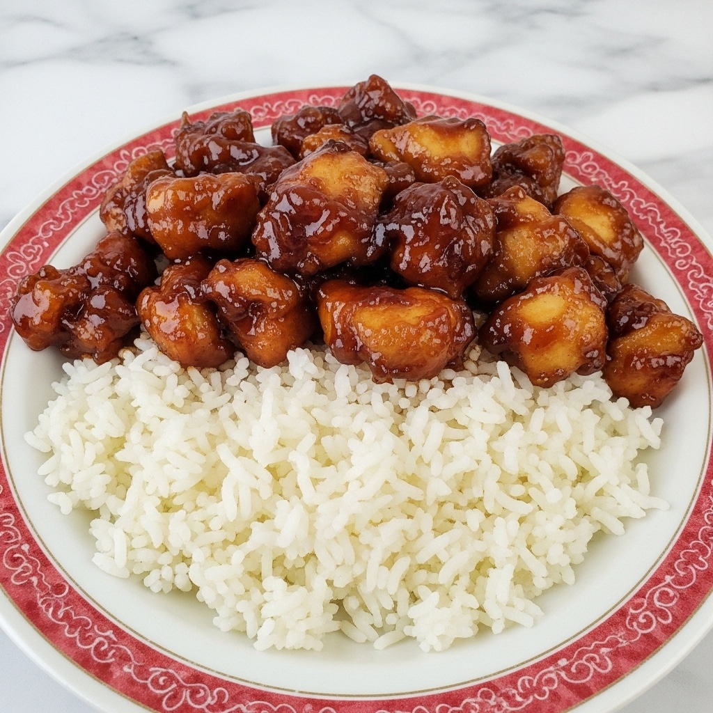 A white plate with a red patterned rim holds two layers: the bottom layer is a bed of fluffy white rice with visible grains, and the top layer is made of chunks of chicken coated in a thick, shiny, dark brown sauce, glistening under the light. The sauce has a sticky texture, covering the chicken pieces evenly, and some sauce drips slightly onto the rice. The plate is placed on a white marbled surface. photo taken with an iphone --ar 4:5 --v 7