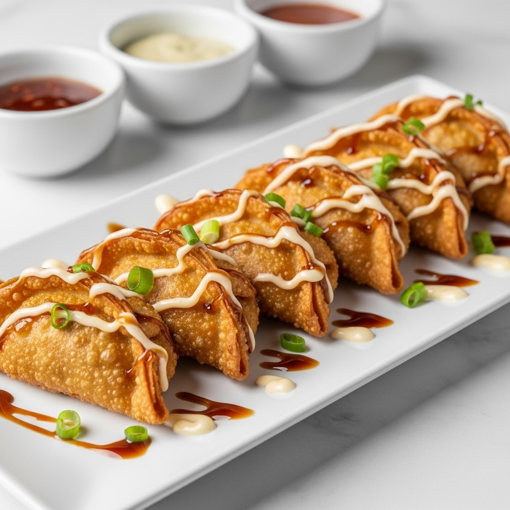 A white rectangular plate holds seven golden brown, crispy fried dumplings arranged in a row, each folded into a triangular shape with bubbly, textured surfaces. The dumplings are drizzled with thin lines of creamy white sauce and a darker brown sauce, creating a striped effect across the tops and the plate beneath. Finely chopped green onions are sprinkled over the dumplings, adding pops of fresh green color. In the background, three small white round bowls contain different dipping sauces, slightly blurred. The plate rests on a white marbled surface. photo taken with an iphone --ar 4:5 --v 7