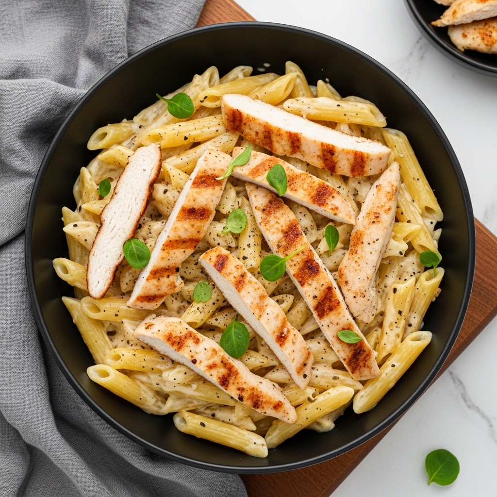 A black round plate filled with creamy penne pasta coated in a light beige sauce as the base layer, topped with pieces of golden-brown grilled chicken breast arranged on top, and garnished with small green herb leaves and a light sprinkle of black pepper. The plate sits on a wooden board with a gray cloth nearby, all placed on a white marbled surface. photo taken with an iphone --ar 4:5 --v 7
