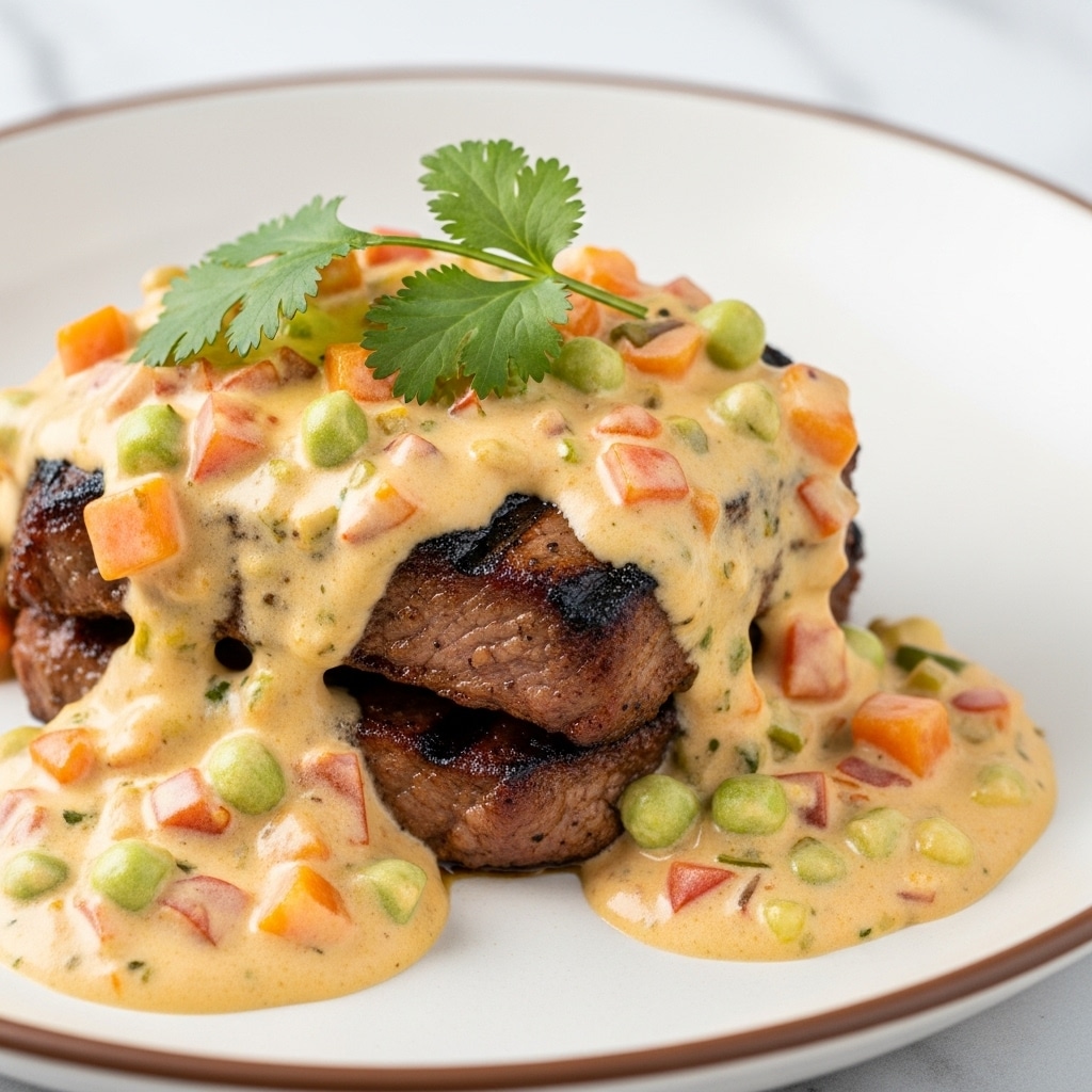 A close-up of a cooked chicken breast covered with a creamy white sauce that has visible small chunks of green, orange, and red vegetables, likely bell peppers and herbs. The chicken has a golden-brown grilled texture underneath the sauce. Fresh green cilantro leaves are placed on top and around the chicken. The dish is served in a white bowl with a light brown rim, placed on a surface with a white marbled texture. The creamy sauce flows slightly over the chicken and pools at the bottom. photo taken with an iphone --ar 4:5 --v 7