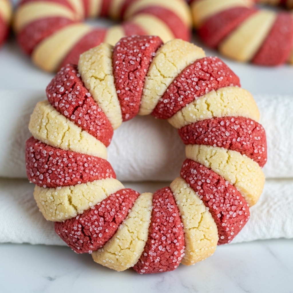 The image shows a close-up of a round, twisted cookie shaped like a ring with eight alternating spiral stripes. The stripes are deep red and pale cream, with a coarse sugar coating that sparkles. The cookie's surface has a slightly rough and crumbly texture with small cracks. The cookie is placed on a soft, white fabric, and in the background, there are blurred similar cookies. The photo is taken on a white marbled surface. photo taken with an iphone --ar 4:5 --v 7