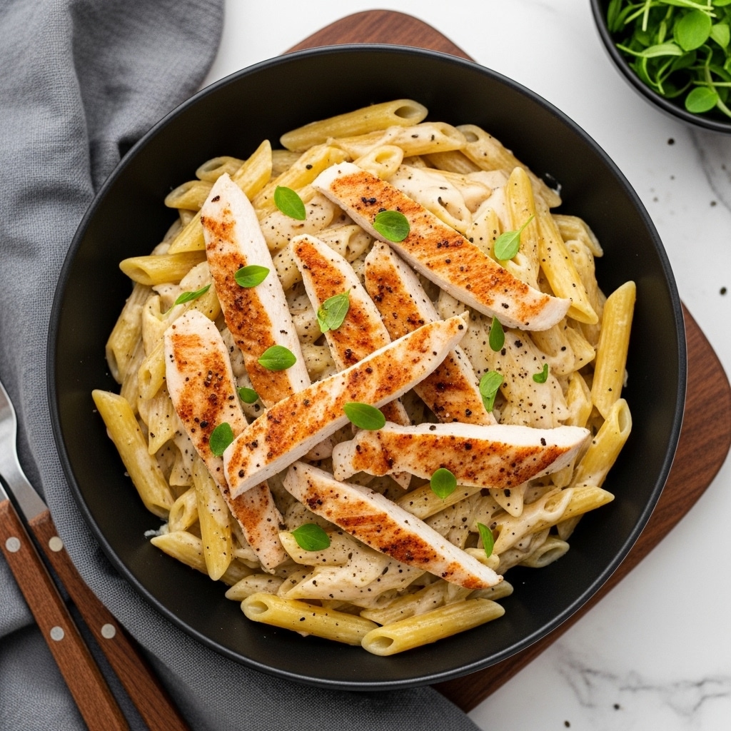 A black bowl filled with creamy pasta and grilled chicken pieces sits on a white marbled surface. The bottom layer is golden-yellow cooked penne pasta covered in a smooth cream sauce. On top are white grilled chicken strips with browned, crispy edges scattered evenly over the pasta. Small green herb leaves are sprinkled across the dish, adding a touch of fresh color. The cream sauce glistens and blends the layers together, with some black pepper specks for detail. A gray cloth and part of a brown wooden board are visible near the bowl. Photo taken with an iphone --ar 4:5 --v 7