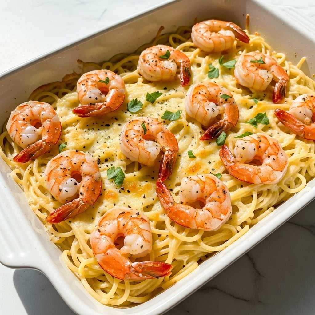 A white ceramic baking dish filled with creamy spaghetti noodles layered at the bottom, topped with perfectly cooked shrimp that are pinkish-orange with a light char and sprinkled with black pepper and small green herbs. The shrimp sit evenly spaced over the noodles, and you can see melted cheese mixed throughout, adding a golden, slightly crispy texture on the top. The dish is placed on a white marbled surface with soft natural light highlighting the colors and textures. Photo taken with an iphone --ar 4:5 --v 7