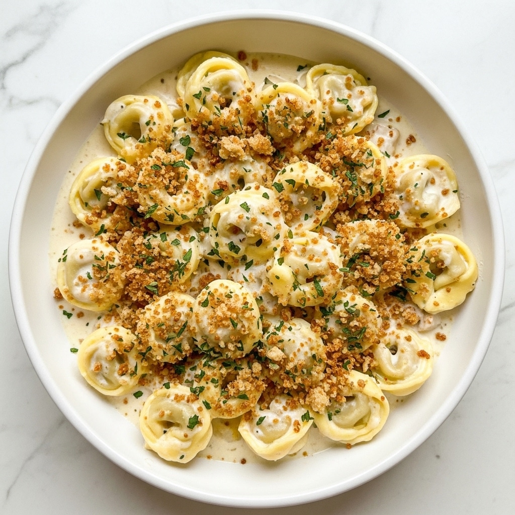 A white bowl filled with creamy tortellini pasta covered in a thick white sauce with visible herbs and small pieces of green parsley sprinkled on top. The tortellini are plump and arranged closely, each piece showing folds and curves with a light golden-brown breadcrumb topping creating a crunchy texture on parts of the surface. The sauce looks smooth and rich, coating the pasta evenly. The bowl is set on a white marbled surface. Photo taken with an iphone --ar 4:5 --v 7