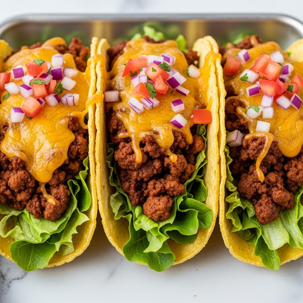 A close-up view of three tacos side by side in a silver tray, each taco has a crispy golden shell filled with layers starting from the bottom with green lettuce, then a layer of cooked ground beef with a rich brown color, topped with melted yellowish cheese that looks gooey and slightly browned, scattered small pieces of red diced tomatoes and purple onion are visible on top, giving fresh color contrast. The background is a white marbled texture. photo taken with an iphone --ar 4:5 --v 7