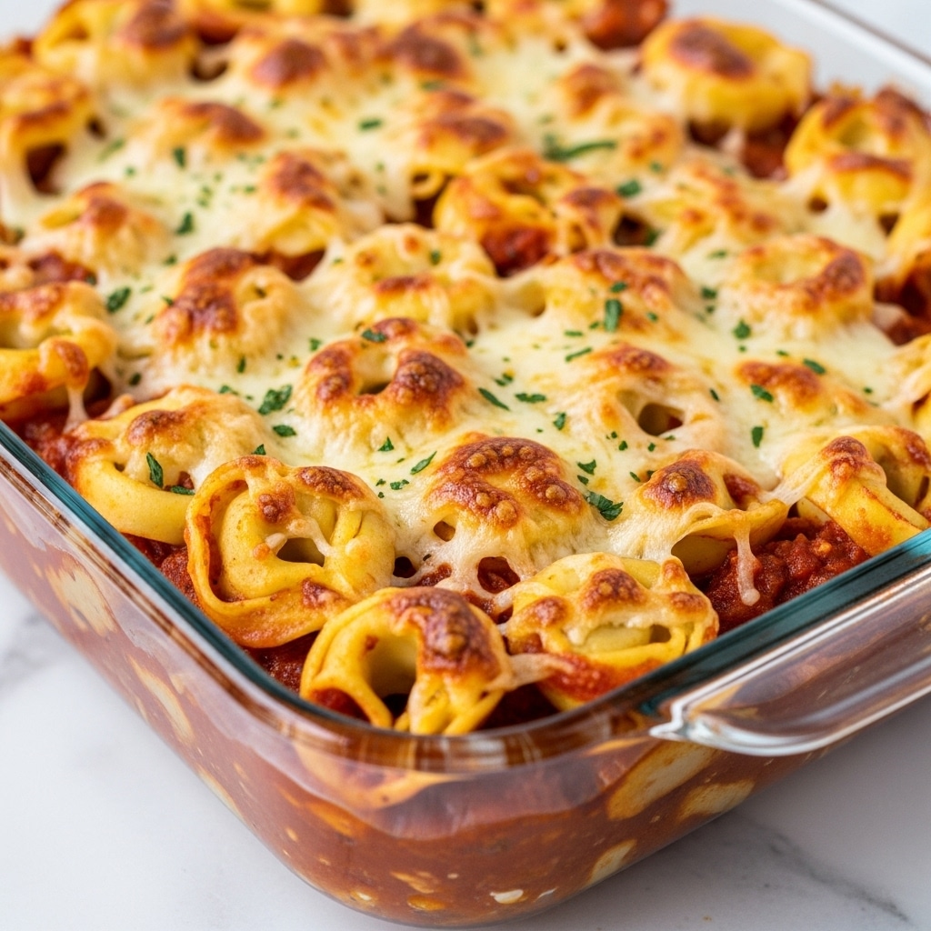 A close-up image of a baked tortellini dish in a clear glass baking dish, showing one thick layer of cheese melted over golden browned tortellini pasta, with tomato sauce visible beneath and some green herbs sprinkled on top. The tortellini are plump and slightly browned, arranged evenly throughout the dish, with gooey melted cheese covering most of the surface. The background is a white marbled texture. photo taken with an iphone --ar 4:5 --v 7