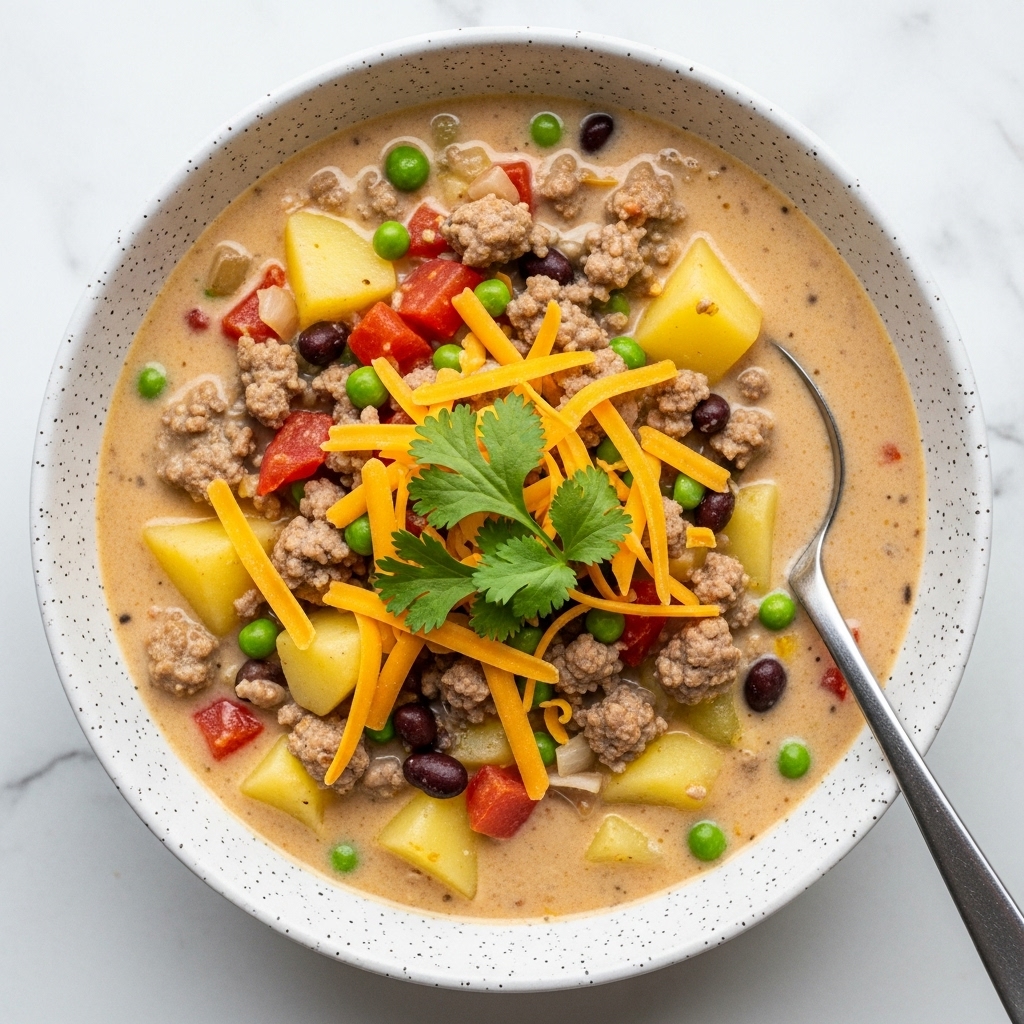 A close-up view of a creamy soup in a white bowl with a speckled texture, filled with a thick beige broth mixed with chunks of brown ground meat, black beans, diced red and yellow bell peppers, and small green bits. On top, there is a garnish of shredded bright orange cheddar cheese and two fresh green cilantro leaves placed in the center. A spoon handle is visible inside the bowl on the right side. The bowl sits on a white marbled texture surface. Photo taken with an iphone --ar 4:5 --v 7