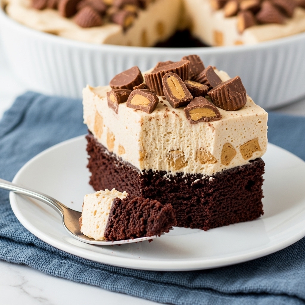 A square piece of layered dessert sits on a white plate over a light blue woven cloth on a white marbled surface. The bottom layer is a moist dark brown chocolate cake with a soft texture, topped by a thick light brown peanut butter cream layer that looks fluffy and smooth. On top of the peanut butter layer are many small chunks of peanut butter cups scattered, adding texture and a mix of milk chocolate and peanut butter colors. A silver fork rests on the plate holding a bite-sized portion of the dessert with all visible layers. In the background, part of a white baking pan filled with more of the same dessert is visible. Photo taken with an iphone --ar 4:5 --v 7