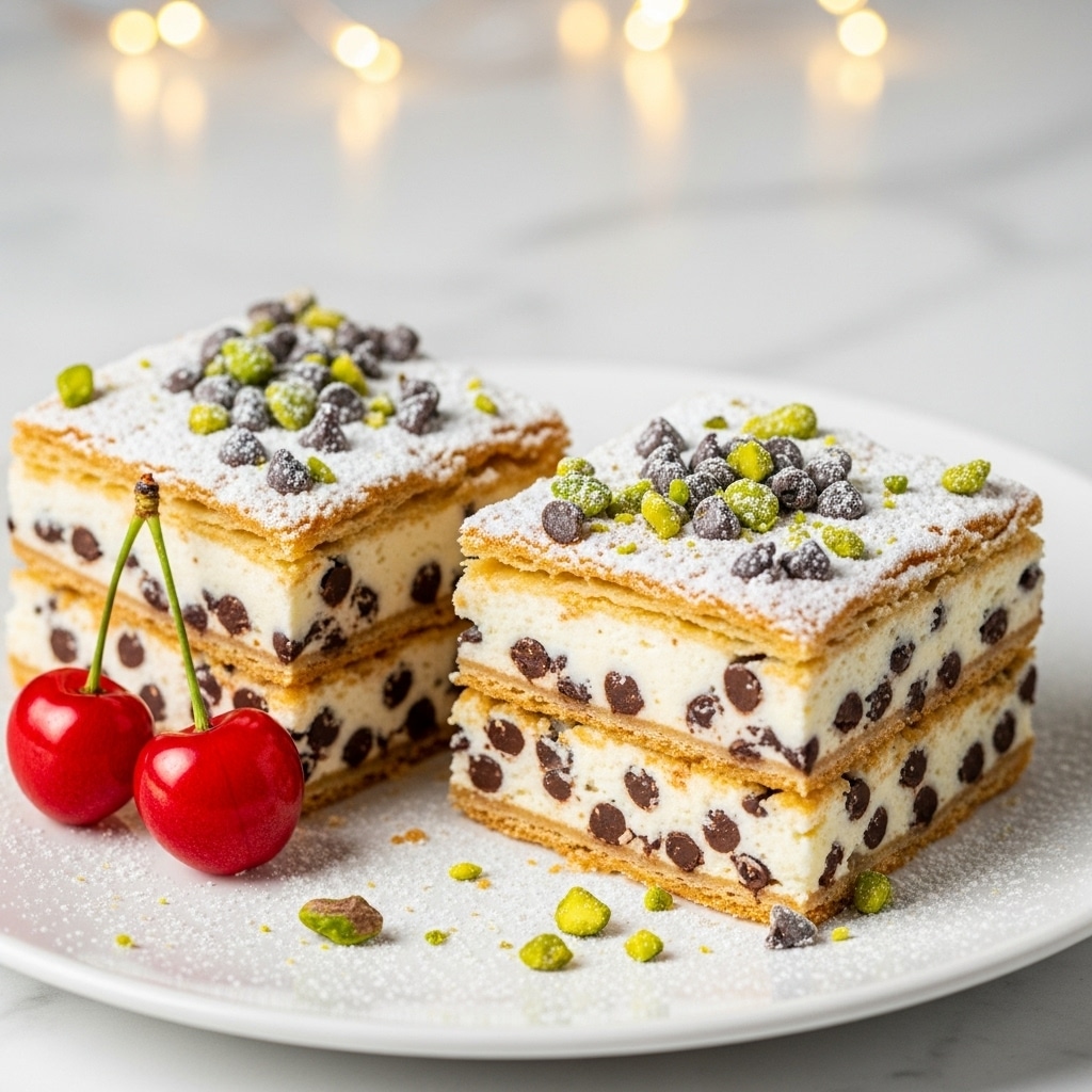 Two square pieces of dessert are stacked on a white plate with a white marbled texture underneath. Each piece has three layers: the top and bottom layers are golden brown and flaky, dusted with powdered sugar and sprinkled with green crushed nuts and small dark chocolate chips. The middle layer is thick and creamy white with dark chocolate chips spread evenly inside. On the plate near the dessert, there are two bright red cherries with stems and some extra crushed green nuts scattered around. Photo taken with an iphone --ar 4:5 --v 7