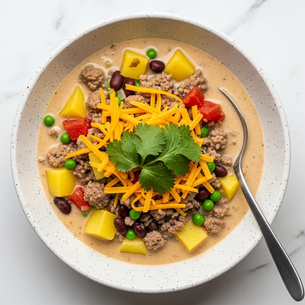 A bowl filled with creamy soup that has a light beige color base mixed with small brown ground meat pieces, bright yellow diced potatoes, red tomato chunks, black beans, and green peas spread evenly throughout. The soup is topped with thin strings of orange cheddar cheese and a small bunch of fresh green cilantro leaves placed in the center. The bowl is white with a speckled black pattern on the outside and sits on a white marbled textured surface. A metal spoon is placed inside the bowl on the right side. Photo taken with an iphone --ar 4:5 --v 7