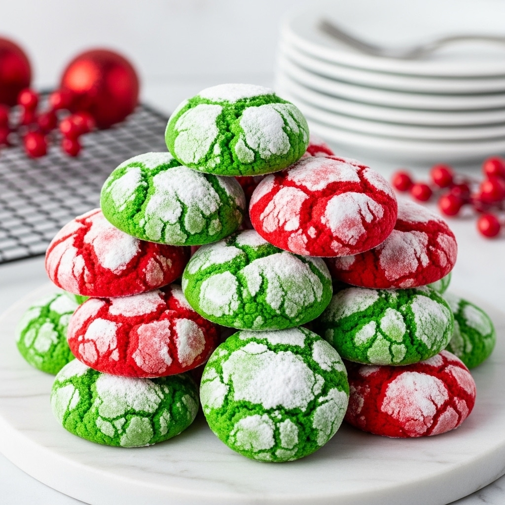 A pyramid of round cookies is shown, each with cracked tops covered in powdered sugar. The cookies come in two colors: red and green, mixed and stacked together. The powdered sugar on top contrasts with the bright colors, settling into the cracks and giving a textured look. The cookies are placed on a white marbled surface with a cooling rack and a stack of white plates blurred in the background. Some red decorative items are also visible in the scene. Photo taken with an iphone --ar 4:5 --v 7