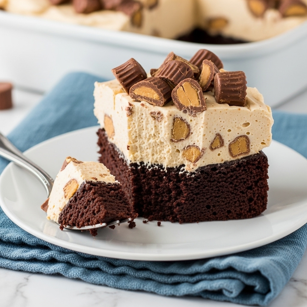 A two-layer dessert slice sits on a white plate over a blue woven cloth, placed on a white marbled surface. The bottom layer is a dark, moist chocolate cake with a soft, crumbly texture. The top layer is a thick, creamy peanut butter mousse mixed with small chunks, giving it a slightly grainy look and a light beige color. Large pieces of chocolate peanut butter candy are scattered over the creamy top, adding rough texture and bits of dark brown and lighter tan color. A silver fork holds a bite-sized piece of the dessert in the lower left, showing both layers clearly. In the background, a white pan with more of the dessert is slightly blurred. Photo taken with an iphone --ar 4:5 --v 7