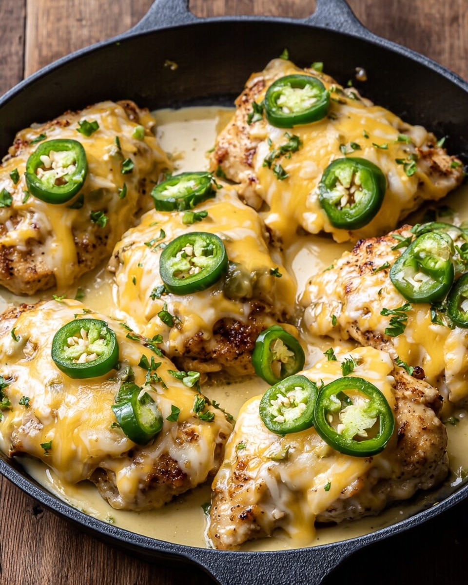 The image shows a close-up of a black skillet filled with six pieces of golden brown cooked chicken, each topped with a smooth layer of melted light yellow cheese. Scattered generously across the chicken and skillet are bright green sliced jalapeño peppers, adding a fresh and spicy touch. There are small bits of green herbs sprinkled on top, giving a bit of texture and color contrast. The skillet rests on a wooden surface, but the background is changed to a white marbled texture. The cheese looks creamy and slightly runny, covering most of the chicken pieces’ surfaces but not hiding their browned textures underneath. Photo taken with an iphone --ar 4:5 --v 7