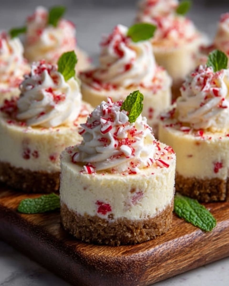 The image shows several small round cheesecakes on a wooden board set against a white marbled background. Each cheesecake has three layers: a crumbly brown crust at the bottom, a thick creamy white middle layer flecked with small red candy pieces, and on top, a swirl of white whipped cream sprinkled with crushed red and white candy bits. Some bright green mint leaves are placed around the cheesecakes, adding contrast. The lighting highlights the texture and colors of the cheesecakes, making them look fresh and inviting, photo taken with an iphone --ar 4:5 --v 7
