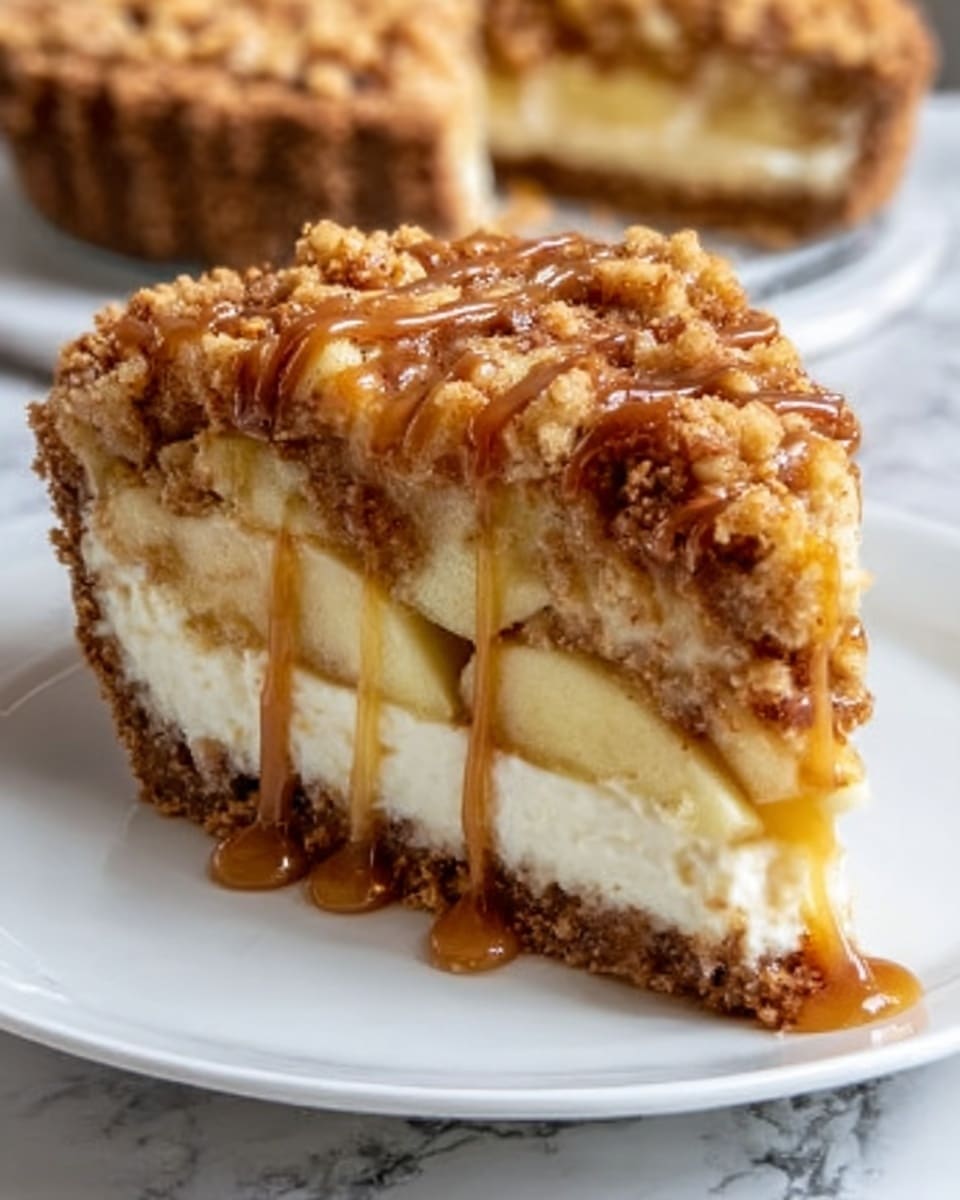 A close-up of one slice of pie on a white plate, showing three distinct layers: the bottom crust is brown and crumbly, the middle layer is thick and creamy white filling with slices of light yellow apple pieces, and the top layer is a golden brown crumbly streusel with a drizzle of caramel sauce dripping down the sides. The background features a white marbled surface with another pie blurred in the distance. Photo taken with an iphone --ar 4:5 --v 7