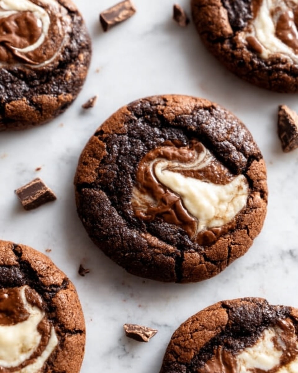 The image shows a close-up of four round cookies on a white marbled surface. Each cookie has a dark brown, cracked chocolate base layer with a soft, slightly moist texture. On top of the chocolate base, there is a swirled layer of creamy white and milk chocolate, creating a marbled effect in the center of each cookie. Small pieces of chocolate chunks are scattered around the cookies on the marbled surface, adding texture to the scene. The lighting highlights the shiny swirls and the crumbly edges of the cookies. Photo taken with an iphone --ar 4:5 --v 7