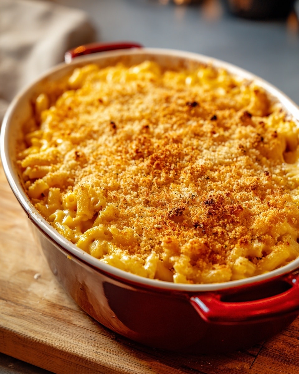 A white oval baking dish with red handles holds a baked macaroni and cheese. The top layer is a thick, golden-brown breadcrumb crust that looks crispy and slightly uneven, with small bits browned darker. Underneath the crust are visible creamy, yellow macaroni noodles with smooth texture, tightly packed and slightly bubbling along the edges. The dish rests on a wooden surface with a soft blurred background giving a warm cozy kitchen feel. Photo taken with an iphone --ar 4:5 --v 7