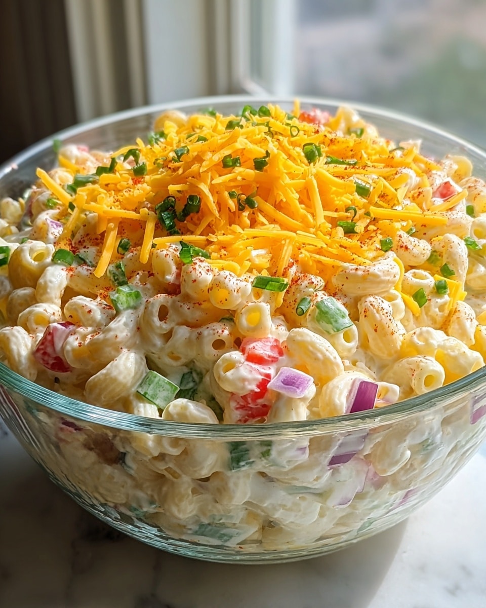 A clear glass bowl filled with creamy macaroni salad, showing vibrant colors and textures. The main layer consists of white glazed elbow macaroni mixed with small chunks of red bell pepper and green bell pepper, as well as bits of purple onion and green onion, all coated in a thick, creamy dressing. On top, there is a generous heap of bright yellow shredded cheddar cheese, sprinkled with small green chopped herbs and a light dusting of red chili powder for some contrast. The bowl is placed on a white marbled surface near a bright window that lets in natural light, highlighting the fresh and colorful ingredients. Photo taken with an iphone --ar 4:5 --v 7