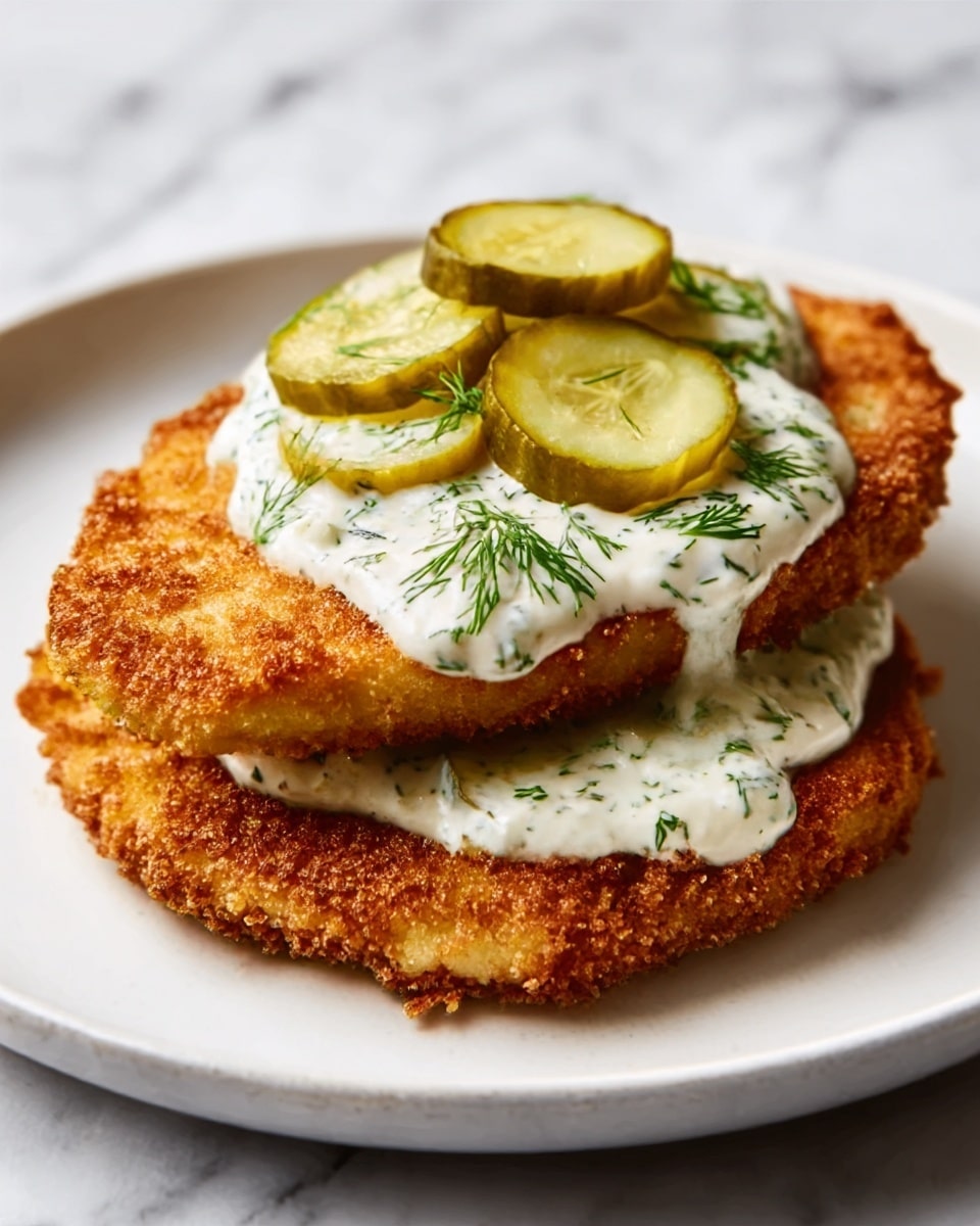 The image shows two golden brown, crispy fried cutlets stacked on a white plate. The top cutlet is covered with a thick layer of creamy white sauce sprinkled with small green dill leaves, giving it a fresh look. On top of the sauce, there are several thin, round slices of pickles, adding a light green color and a slight shine. The plate rests on a white marbled surface, which adds a clean and bright background to the dish. Photo taken with an iphone --ar 4:5 --v 7