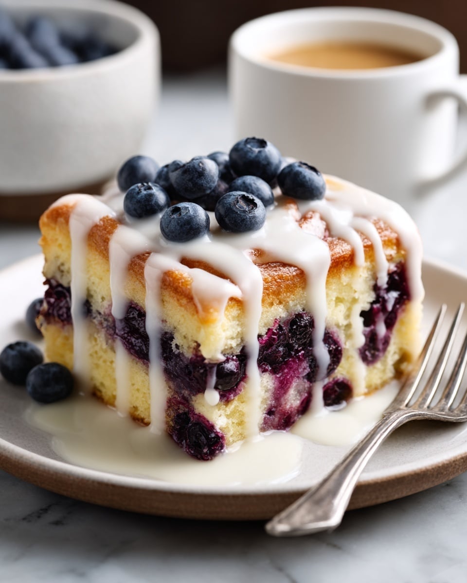 A white plate holds a square piece of blueberry pastry with three visible layers: the bottom layer is soft, light yellow cake mixed with whole blueberries; the middle layer is a thick swirl of cooked blueberries creating a dark purple band; the top layer is golden brown, slightly crispy dough topped with fresh blueberries and thick white icing drizzled down the sides. The plate sits on a white marbled surface, with a white cup of coffee blurred in the background and a silver fork resting next to the pastry. Photo taken with an iphone --ar 4:5 --v 7