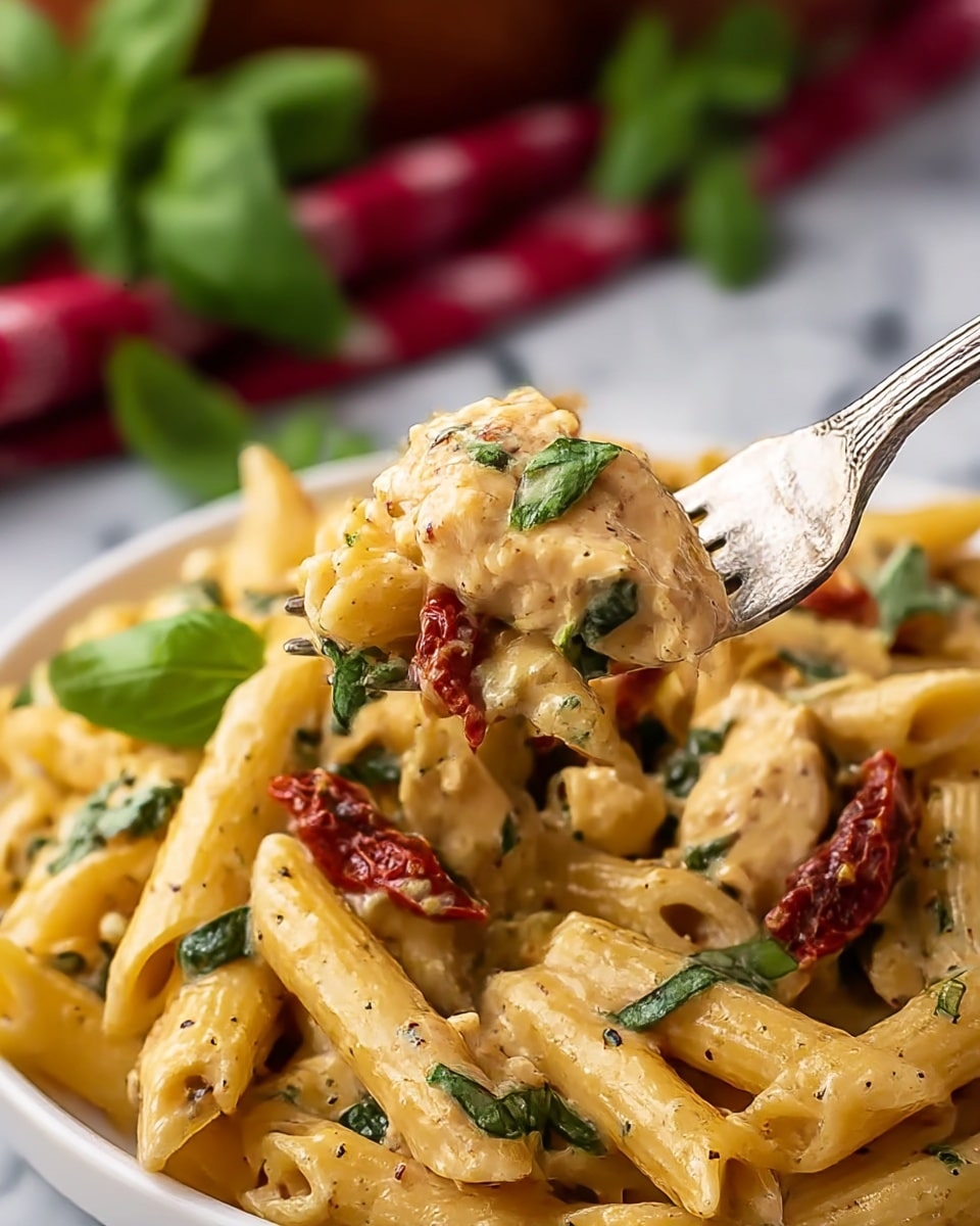 A close-up of a plate with creamy penne pasta mixed with chunks of grilled chicken, scattered with bright green basil leaves and pieces of sun-dried tomatoes. The pasta is covered in a rich, light yellow sauce, with visible specks of black pepper and herbs. A silver fork lifts a bite showing the textured, slightly bumpy pasta and tender chicken wrapped in the sauce alongside a piece of sun-dried tomato and fresh basil. The plate is white, set on a white marbled surface, with blurred green basil leaves and a red checkered cloth in the background. photo taken with an iphone --ar 4:5 --v 7