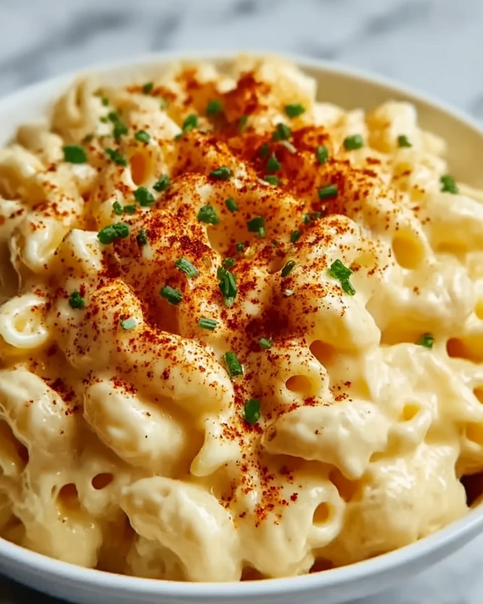 The image shows a close-up of creamy macaroni and cheese served in a white bowl. The dish has soft, short tubular pasta covered in thick, smooth yellow cheese sauce. On top, there is a sprinkle of red seasoning powder and small green chopped herbs, adding color contrast. The creamy texture of the cheese sauce is clearly visible, with the seasoning resting gently on the surface. The background is a white marbled texture. photo taken with an iphone --ar 4:5 --v 7