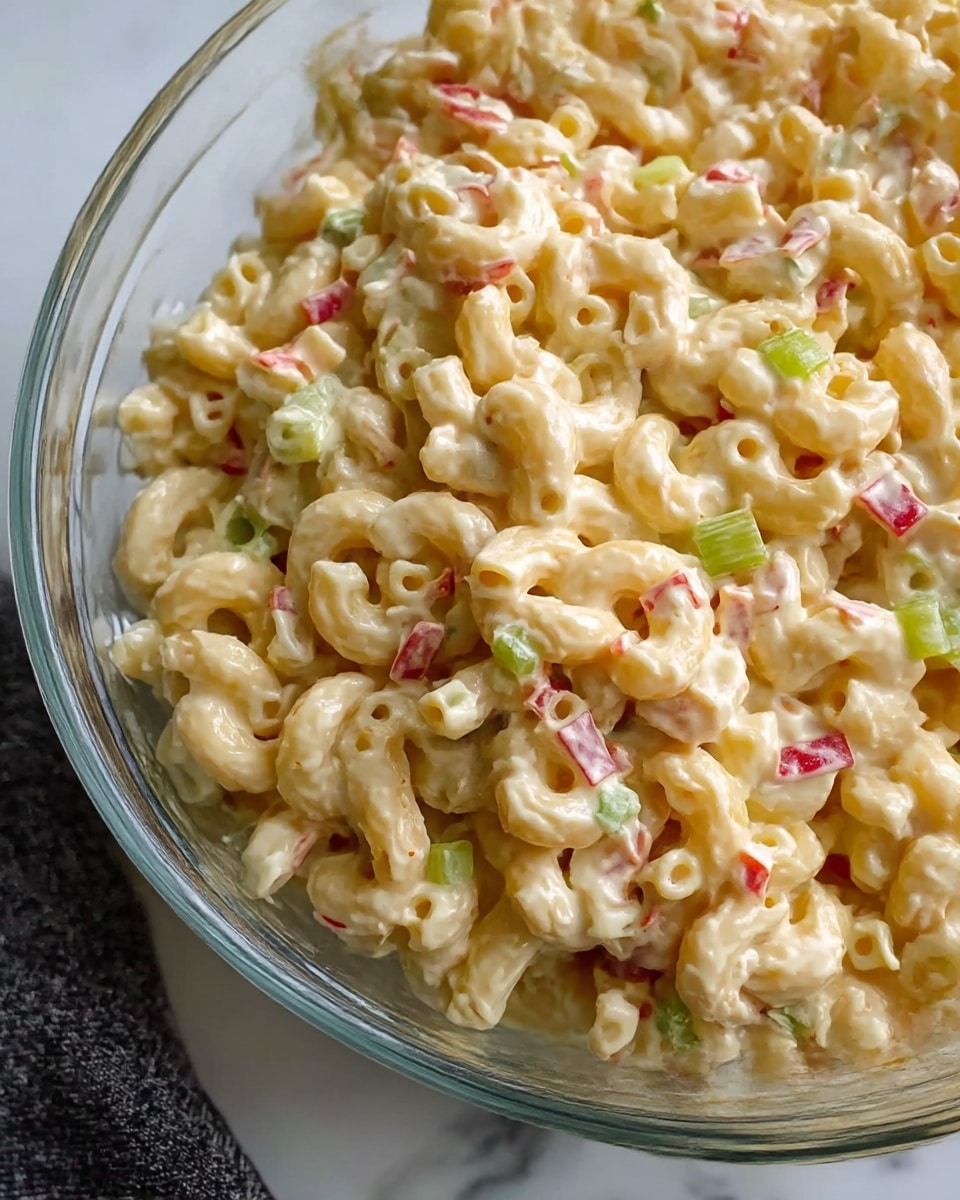A close-up view of a clear bowl filled with creamy macaroni salad, featuring two main layers: the pale yellow curved macaroni coated in a smooth, light creamy dressing forms the base, mixed throughout with small, colorful pieces of red bell pepper and green celery, adding texture and bright spots of color. The bowl sits on a white marbled surface with a corner of a dark fabric napkin partially visible. The overall look is fresh and rich, with the textures of the macaroni and vegetables clearly shown. photo taken with an iphone --ar 4:5 --v 7