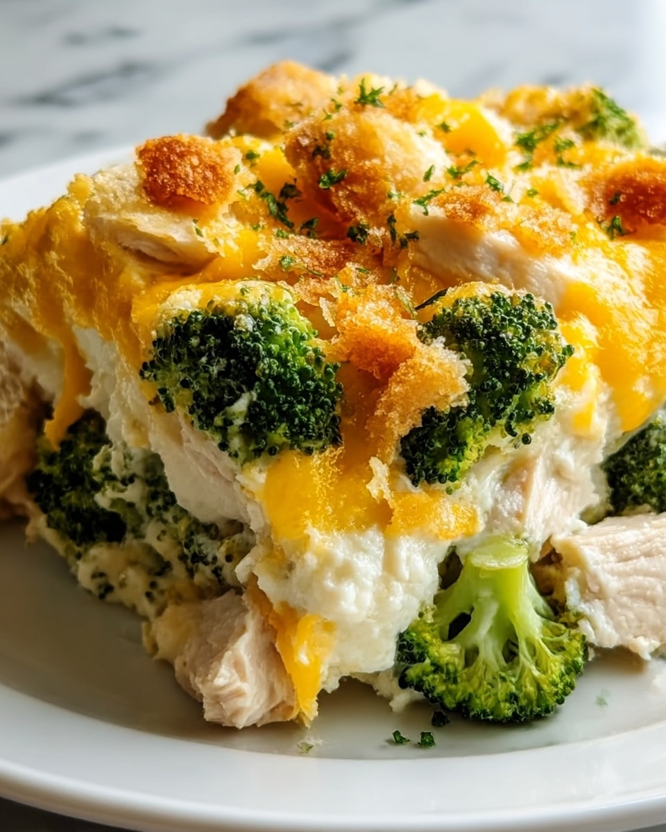 A close-up view of a creamy casserole served on a white plate, showing three main layers: the base layer has tender white chicken pieces and bright green broccoli florets, the middle layer is thick and white with a creamy texture that binds the ingredients, and the top layer is covered with melted golden cheddar cheese mixed with crunchy browned bits that add a crispy texture, all sprinkled with small pieces of chopped green herbs. The dish sits on a white marbled surface. Photo taken with an iphone --ar 4:5 --v 7