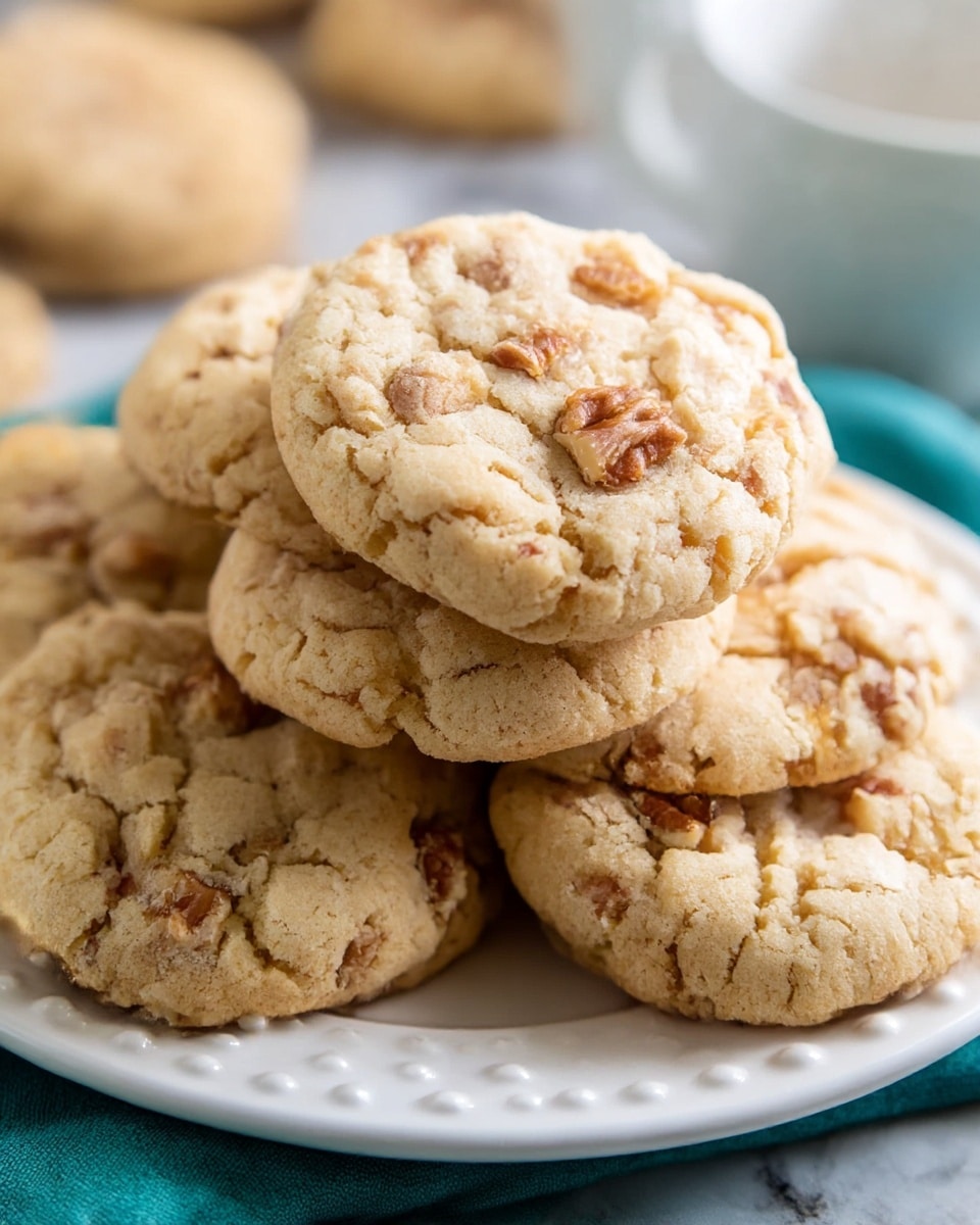 A close-up of a stack of soft, pale golden cookies with a rough, crinkled texture on a white plate with raised dots along the edge. The cookies are studded with medium brown, unevenly chopped nuts visible throughout each cookie. The cookies have a round shape and appear slightly thick with a crumbly yet soft surface. The plate rests on a teal cloth over a white marbled texture. In the background, blurry white cups add depth to the scene. Photo taken with an iphone --ar 4:5 --v 7
