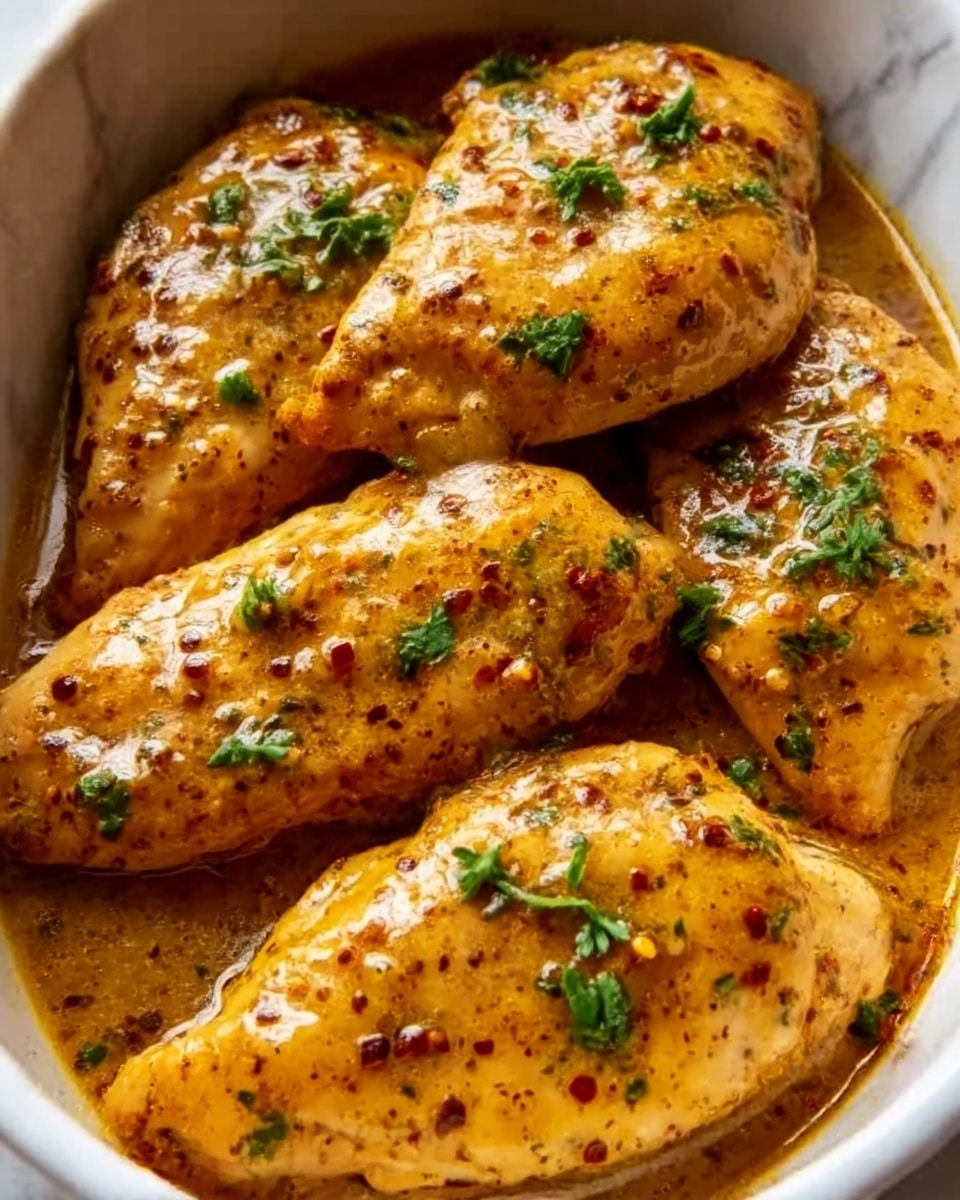 The image shows a white dish filled with several pieces of cooked chicken breasts covered in a thick, golden-brown sauce with visible spices and pepper flakes. Small green herb pieces are sprinkled on top, adding a fresh contrast to the warm tones of the chicken and sauce. The chicken looks juicy and tender, and the sauce shines slightly, showing a rich texture. The dish is placed on a white marbled surface. photo taken with an iphone --ar 4:5 --v 7