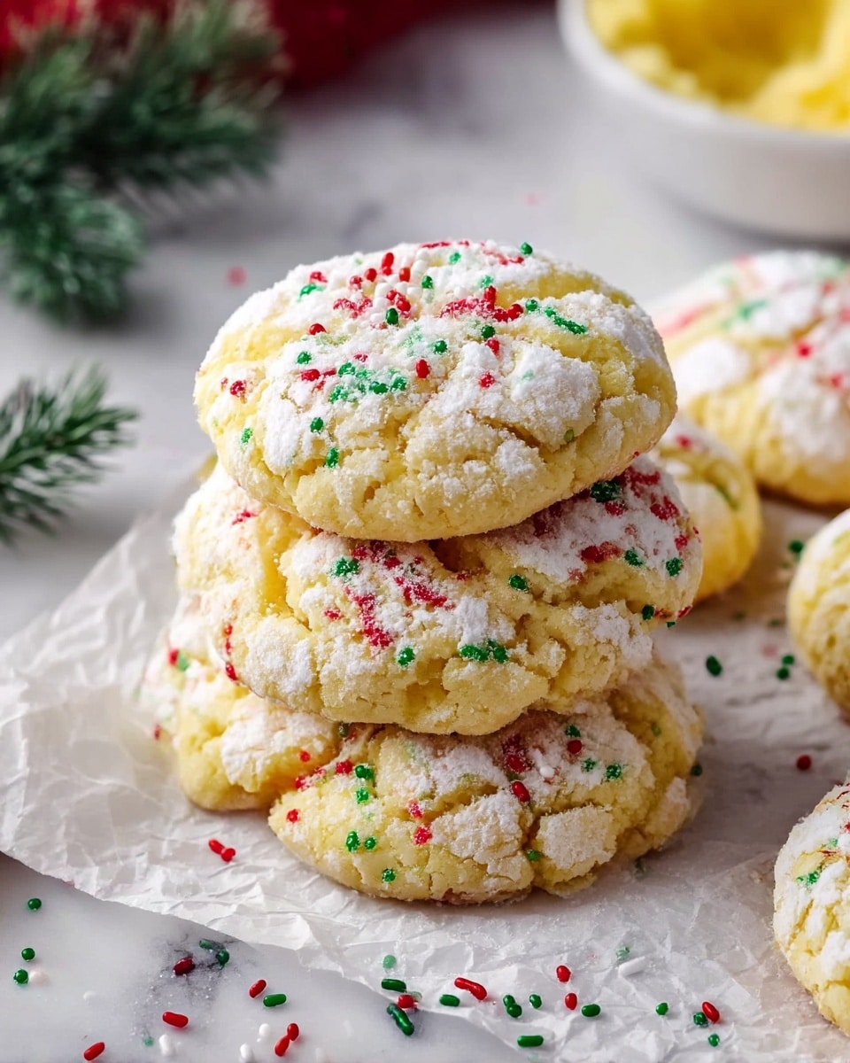 A close-up of five round, soft cookies stacked gently on crinkled white parchment paper over a white marbled surface. Each cookie has a light yellow base with a cracked, textured top dusted thickly with white powdered sugar. Red, green, and white sprinkles are scattered across each cookie, adding bright festive colors. Small sprinkles also lie scattered on the parchment around the cookies. To the left corner, a small green pine branch adds a touch of holiday spirit, and part of a white bowl with yellow batter can be seen blurred in the background. Photo taken with an iphone --ar 4:5 --v 7