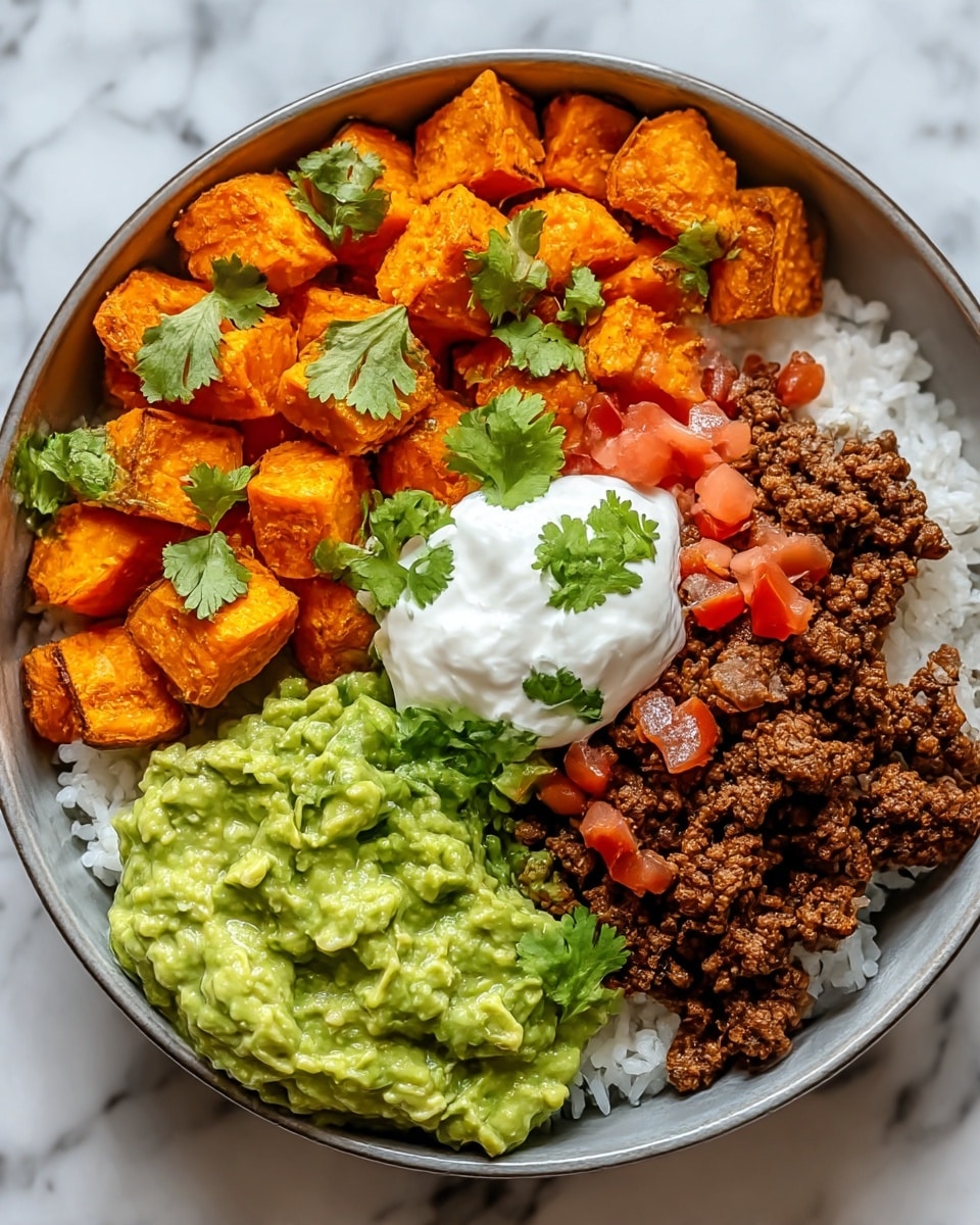 A round bowl filled with four main layers, starting at the bottom with white rice visible around the edges. On the top right, there is a layer of brown cooked ground meat, sprinkled with small pieces of red diced tomato. On the top left, vibrant orange roasted sweet potato cubes with a slightly crispy texture, garnished with green cilantro leaves. At the bottom left, a chunky bright green guacamole with dice-sized avocado pieces. In the center, a dollop of white sour cream topped with cilantro. The bowl is set on a white marbled texture. Photo taken with an iphone --ar 4:5 --v 7