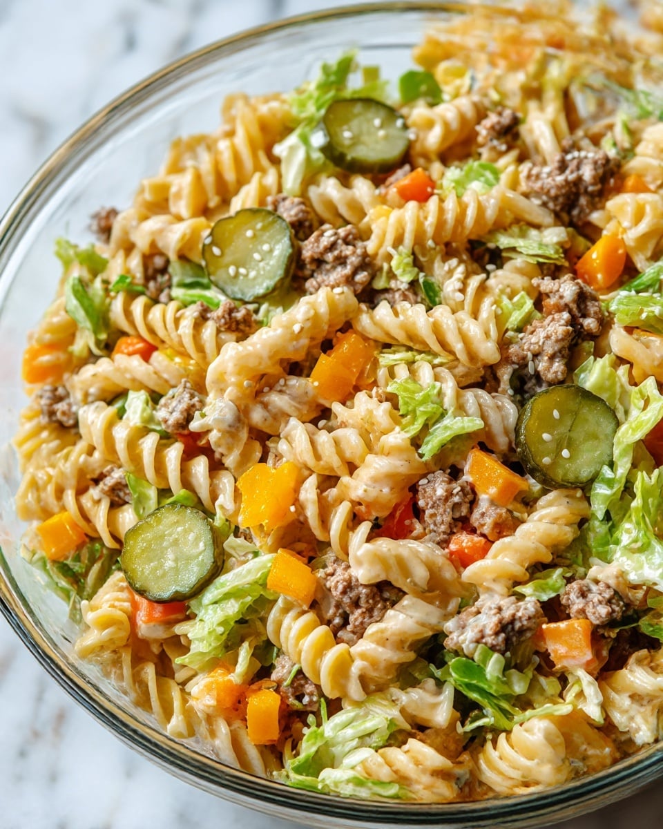 A close-up view of a clear bowl filled with a mixed pasta salad showing several layers: twisted rotini pasta in pale yellow with a creamy coating forms the base layer, mixed with small chunks of cooked ground beef in light brown and diced bell peppers in bright yellow and orange. Scattered among the pasta and beef are slices of green pickles with visible seeds, and shredded lettuce leaves adding a fresh green color and crisp texture throughout the salad. Tiny white sesame seeds are sprinkled over the top, all set on a white marbled surface. Photo taken with an iphone --ar 4:5 --v 7