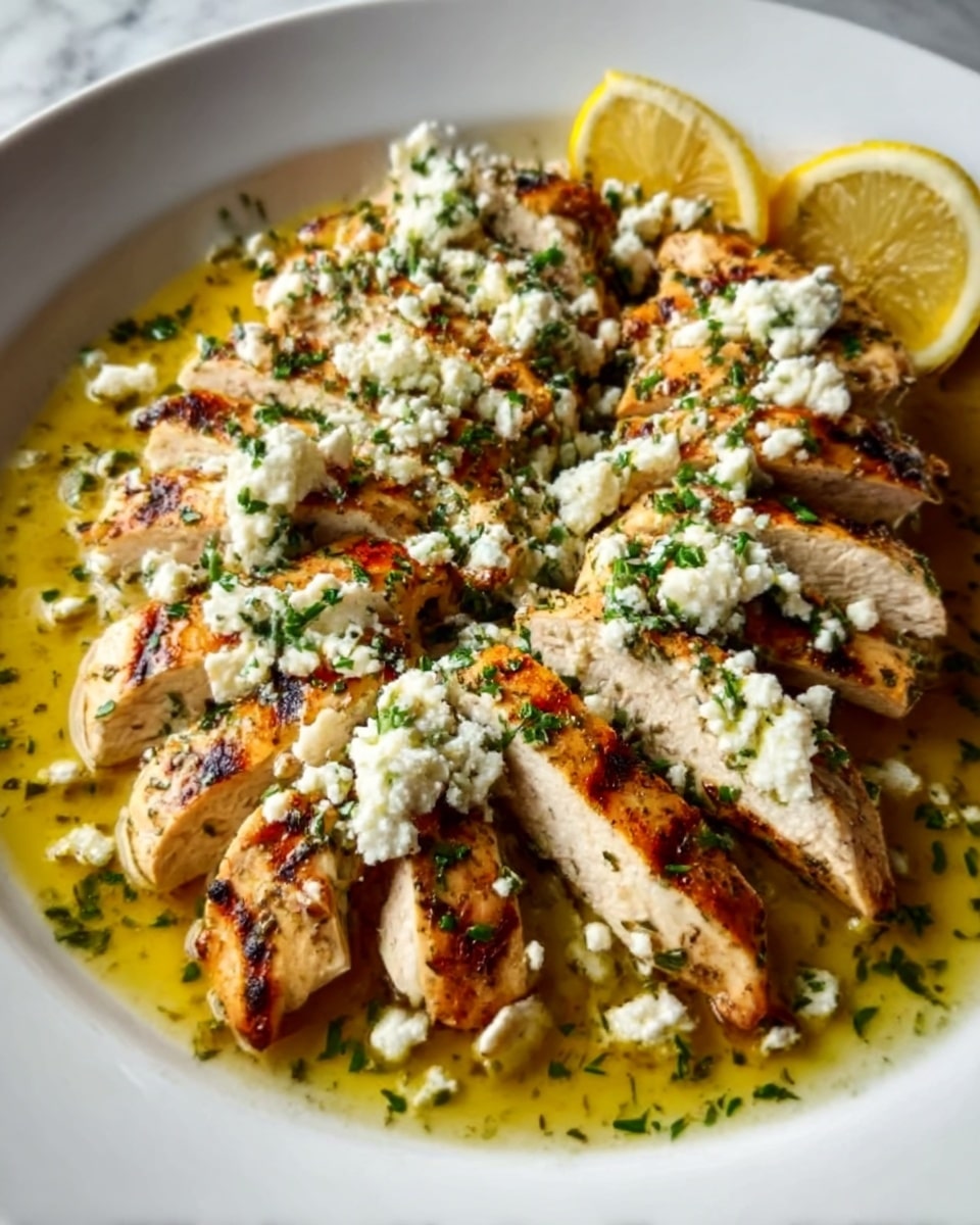 The image shows food arranged on a white plate over a white marbled surface. The dish has pieces of grilled chicken breast sliced into thick strips, with a golden-brown grilled texture and some char marks. The chicken is covered with white crumbles of cheese and sprinkled with finely chopped green herbs. Around the chicken, there is a yellowish sauce or dressing with a slightly oily look. At the top edge of the plate, there are lemon slices partially visible. Photo taken with an iphone --ar 4:5 --v 7