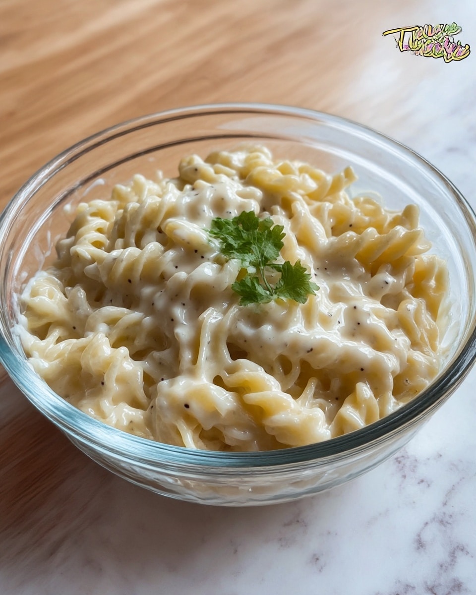 The image shows a clear glass bowl filled with creamy, cheesy pasta made of twisted rotini noodles coated in a thick, glossy white cheese sauce with small black pepper specks. The pasta's texture is soft and rich, and it is garnished with a small green sprig of fresh cilantro placed on top in the center. The bowl is set on a light wooden surface replaced visually by a white marbled texture. The photo has a warm, inviting look with natural lighting and soft shadows. photo taken with an iphone --ar 4:5 --v 7