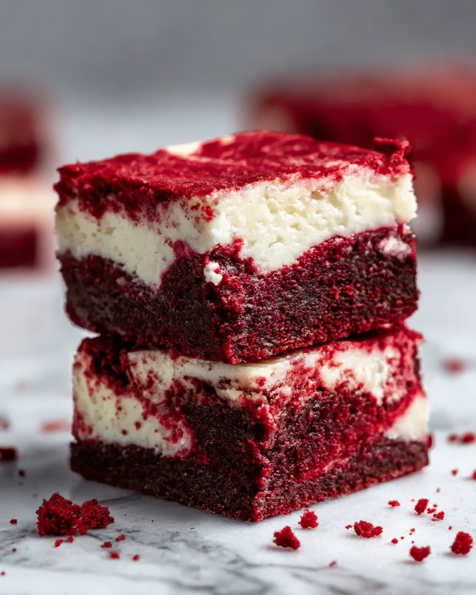 The image shows two square pieces of red velvet cheesecake brownies stacked on top of each other on a white marbled surface. The brownies have three clear layers: the top and bottom layers are dark red with a moist, slightly crumbly texture, while the middle layer is creamy white cheesecake, smooth and thick. The edges of the brownies are sharp, and some red crumbs are scattered around them. The background is softly blurred, focusing attention on the rich colors and textures of the brownies. photo taken with an iphone --ar 4:5 --v 7