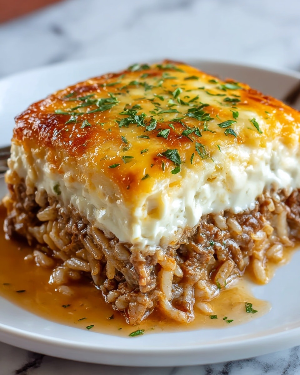 A close-up of a square slice of layered casserole on a white plate, featuring three clear layers: the bottom layer is cooked ground beef mixed with rice, showing a rich brown color with some sauce; the middle layer is creamy white, likely a cheese or sauce layer, soft in texture; the top layer is a golden, melted cheese crust sprinkled with finely chopped green herbs, browned and bubbly. The dish looks moist, with some sauce seeping slightly onto the plate, and is set on a white marbled surface. Photo taken with an iphone --ar 4:5 --v 7