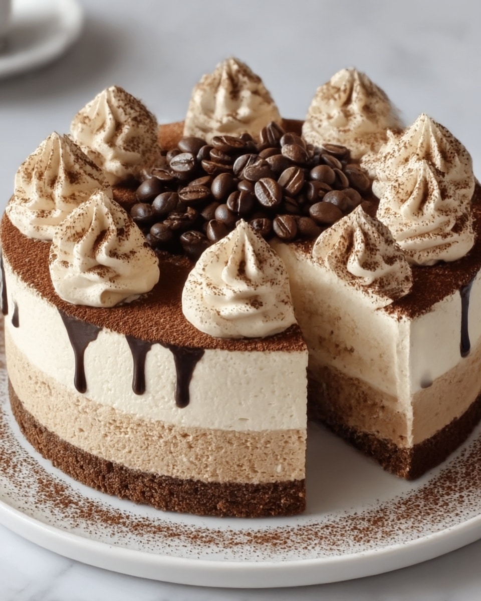 This is a round layered cake with a dark brown crumbly base layer, a middle light brown layer, and a thick top layer of creamy light beige. Along the inside of the cake, dark chocolate sauce drips down from the middle layer. The top surface is dusted with cocoa powder and decorated with eight fluffy swirls of light beige cream, each dusted with cocoa powder, placed evenly around the edge. The center of the top is covered with whole dark roasted coffee beans. The cake is placed on a white plate with cocoa powder sprinkled around the edge, all set on a white marbled texture surface. photo taken with an iphone --ar 4:5 --v 7