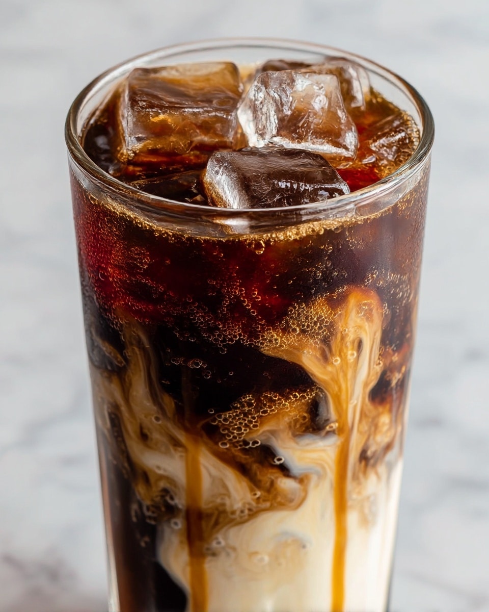 The image shows a clear glass filled with dark brown iced coffee and large clear ice cubes resting on the top. At the bottom, there is a thick layer of creamy white milk that swirls upward in soft, cloudy patterns mixing with the dark coffee. Light brown caramel sauce drips slowly down the inside of the glass, creating rich streaks against the dark liquid. Tiny bubbles are visible on the surface and sides of the glass, adding texture. The glass is set on a white marbled surface, creating a clean and bright background. photo taken with an iphone --ar 4:5 --v 7