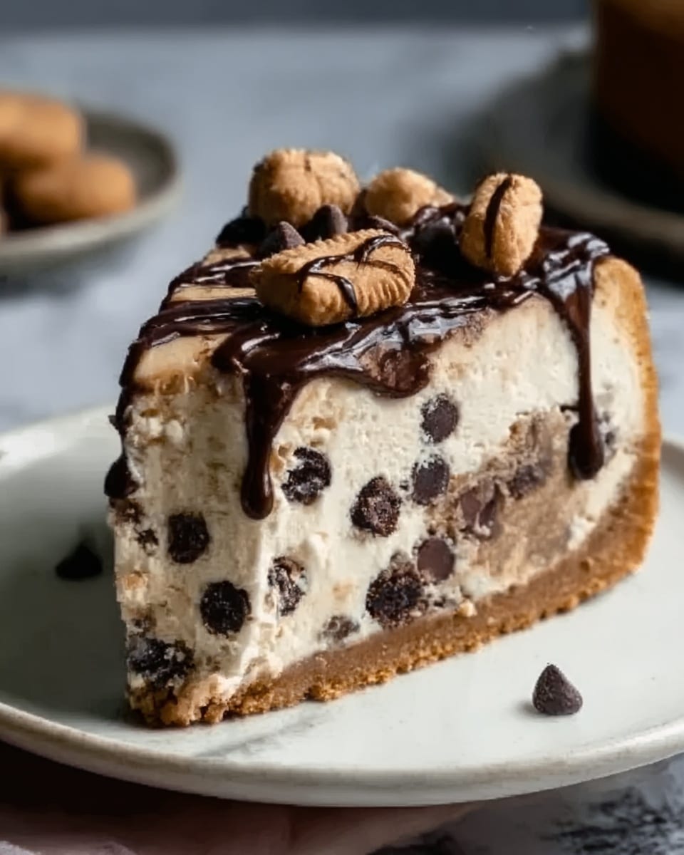 A tall slice of layered dessert with a thick bottom crust in light brown, topped by a creamy beige layer filled with dark chocolate chips. Above this is a thicker white cream layer with more dark chocolate chunks mixed in. The top has a rich, glossy dark chocolate drizzle and several mini light brown cookie pieces scattered over it. The slice sits on a white plate, placed on a white marbled surface, with a woman's hand holding the plate from the side. photo taken with an iphone --ar 4:5 --v 7