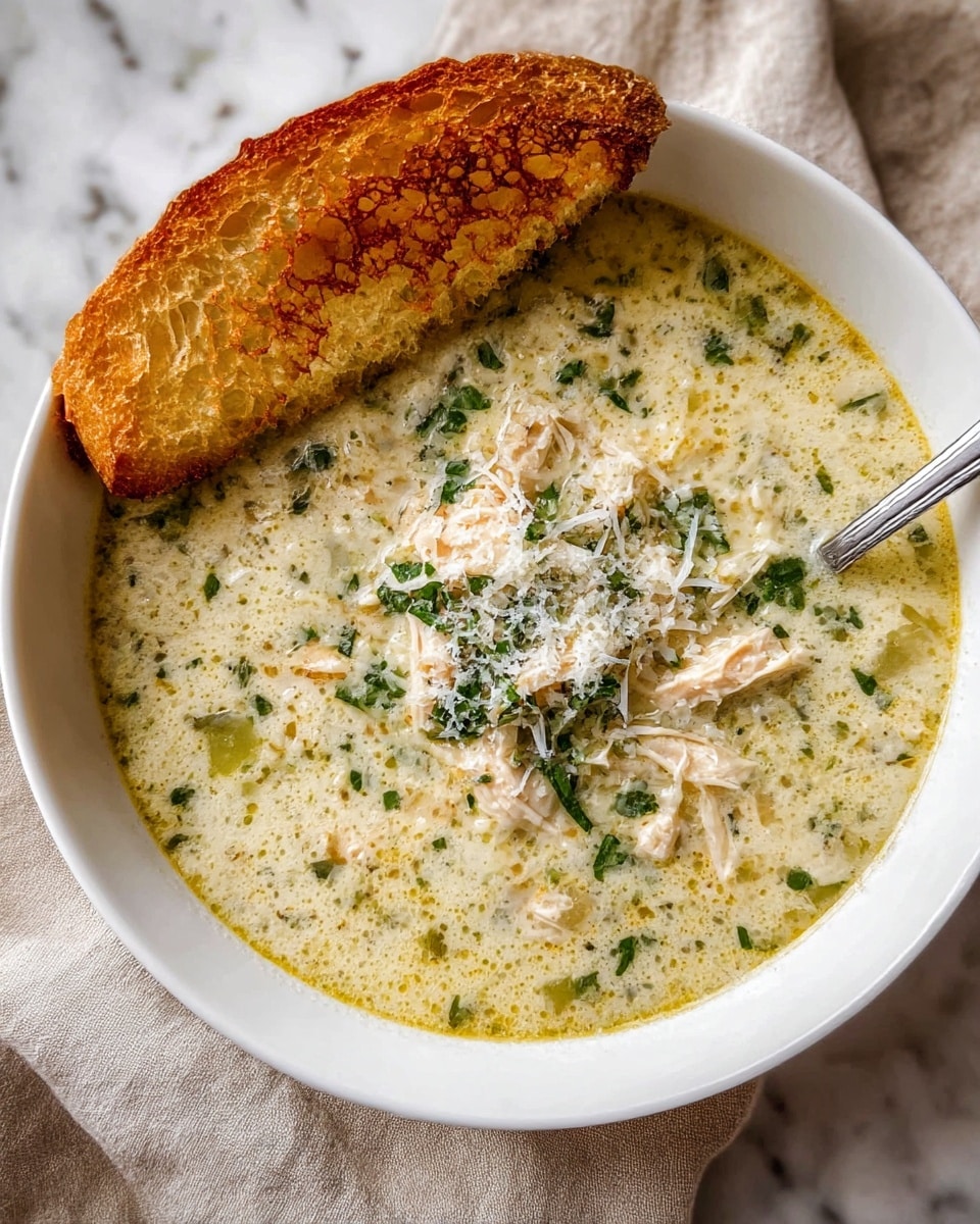 A white bowl filled with creamy soup that has a light yellow color and small green herb bits scattered throughout. On top, there are pieces of shredded chicken mixed with finely chopped green herbs and a light sprinkling of grated cheese, adding texture and detail. A thick slice of toasted bread with a golden brown, crispy crust rests partially inside the bowl on the left side. A silver spoon is visible on the right side, partially submerged in the soup. The bowl sits on a soft beige cloth over a surface with a white marbled texture. Photo taken with an iphone --ar 4:5 --v 7
