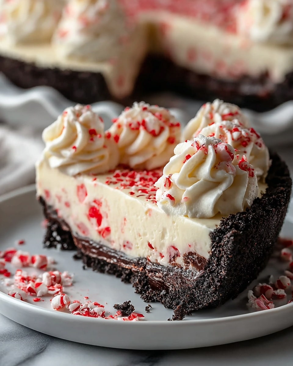 A slice of peppermint cream pie with three visible layers sits on a white plate over a white marbled surface. The bottom layer is a dark chocolate crumb crust with a rough texture, firmly holding the pie. The middle layer is thick and creamy, pale white with small red peppermint pieces mixed inside, giving it a slightly speckled look. On top, there are five swirled dollops of whipped cream evenly spaced along the edge, each decorated with small red peppermint bits. Some peppermint crumbs are scattered on the plate around the pie. In the blurred background, two more pies of the same kind are visible in white dishes. Photo taken with an iphone --ar 4:5 --v 7